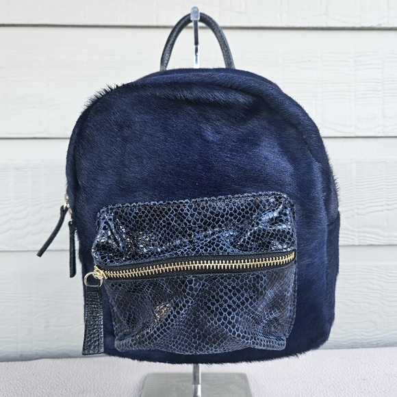 Cuir Rose Mini Backpack Navy Blue Fur Zip Small Travel Park - Picture 1 of 10